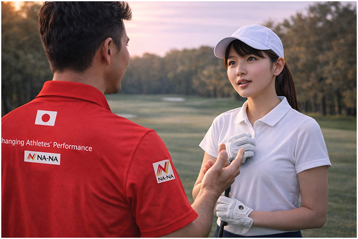 ゴルフ場でコーチが選手にアドバイスしている様子