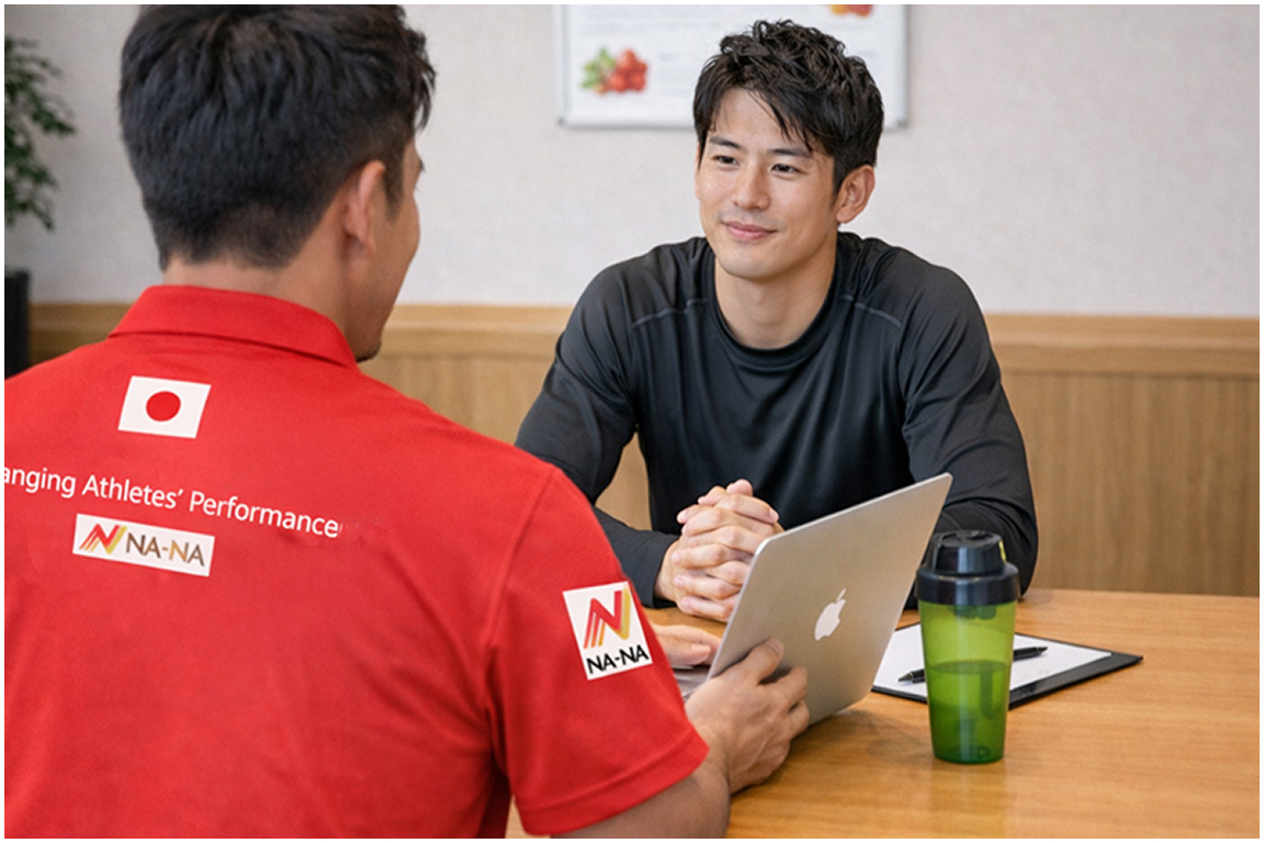 カウンセリングで選手がコーチと相談している様子